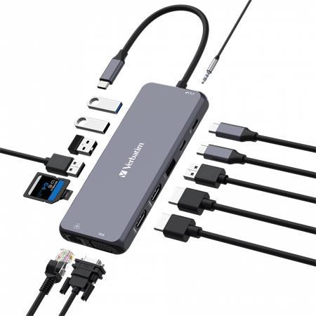 USB HUB, USB-C PD/2xHDMI/VGA/LAN/3xUSB/USB-C/2xUSB 2.0/SD/mSD/3,5jack VERBATIM 5
