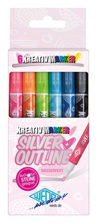 Kontúrovacie metalické popisovače, sada, 1-2 mm, strieborná, WEDO, so 6 rôznymi farebnými