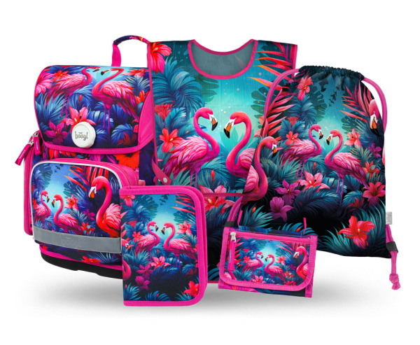 BAAGL SADA 5 Ergo Plameniaky: aktovka, peračník, vrecko, zástera, peňaženka