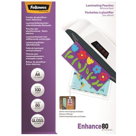 Laminovacia fólia, 80 mikr., A4, lesklá, samolepiaca, 100 ks, FELLOWES 1
