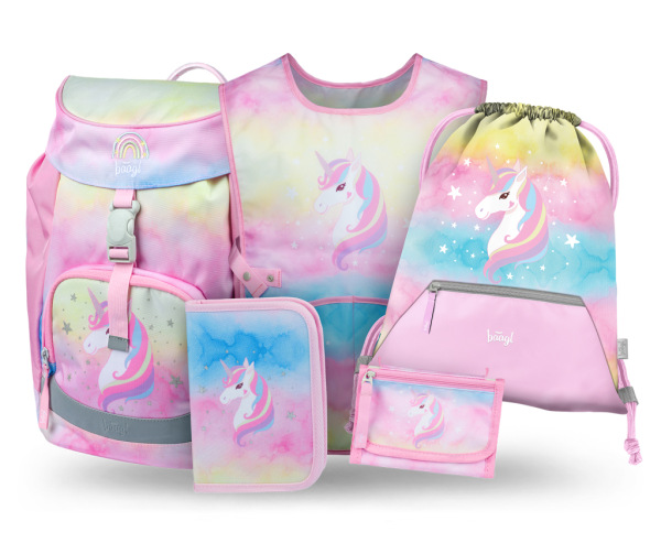 BAAGL SADA 5 Airy Rainbow Unicorn: batoh, peračník, vrecko, zástera, peňaženka