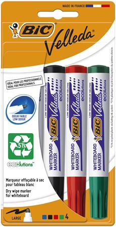 Popisovač na flipchart a tabuľu, 1,4 mm, kužeľový hrot, BIC "Velleda ecolutions", 4 rôzne