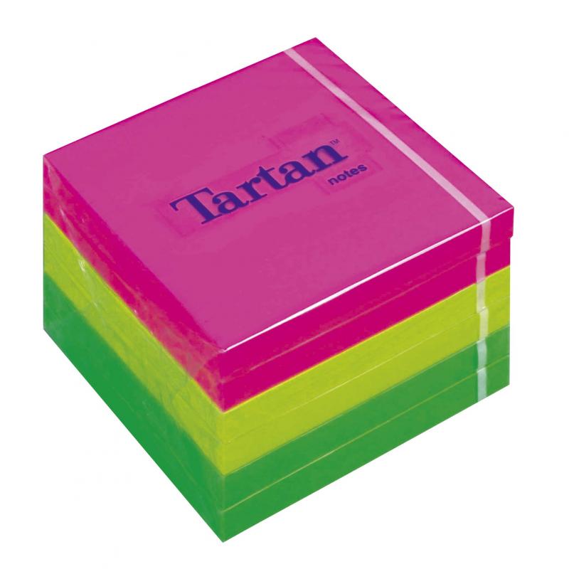 Samolepiaci bloček, 76x76 mm, 100 listov, 6 bločkov/bal, TARTAN, mix neónové farby 1