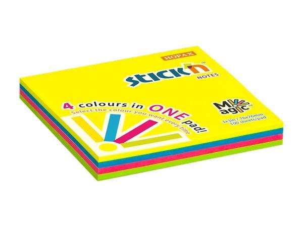 Samolepiaci poznámkový blok, 76x76 mm, 100 listov, STICK N "Magic Pad", neónové farby 1