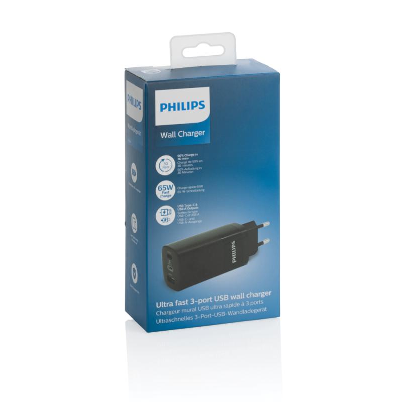 Philips 65W ultra rýchly PD 3-portový USB stenový nabíjačka čierna 8
