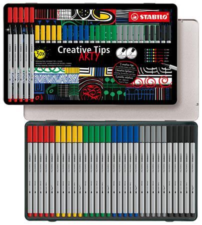 Liner, sada, v kovovej krabičke, STABILO "Creative Tips ARTY", 6 rôznych farieb, 5 rôznych 2