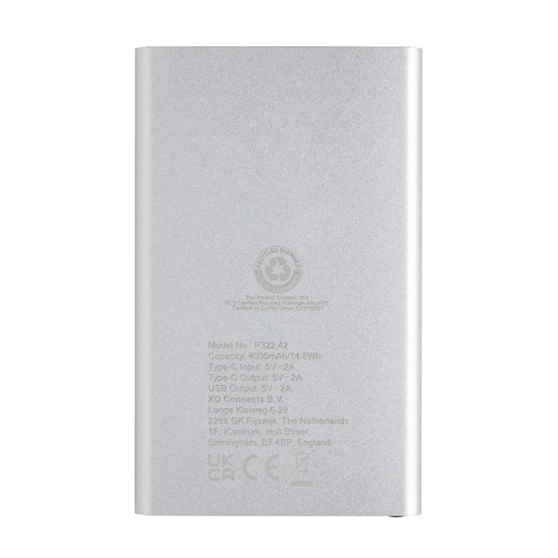 Powerbanka 4000mAh s USB C z RCS recykl. plastu a hliníka strieborná 5