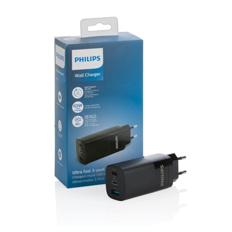 Philips 65W ultra rýchly PD 3-portový USB stenový nabíjačka čierna 7