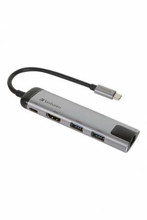 USB ethernetový sieťový adaptér s USB hubom, 4 porty, USB 3.0, USB-C, HDMI, VERBATIM 4