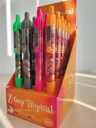 Guľôčkové pero, displej, 0,27 mm, stláčací mechanizmus, ZEBRA "Z-Grip Tropical", kék, 4 rô 2