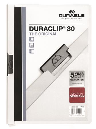 Rýchloviazač, s klipom, A4, DURABLE "DURACLIP® 30", biela