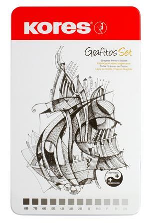 Grafitová ceruzka, sada, kovová škatuľa, trojhranná, KORES "GRAFIT", 12 rôznych tvrdostí 3