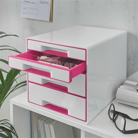 Zásuvkový box na dokumenty, plastový, 4 zásuvky, LEITZ "Wow Cube", biely/ružový 2