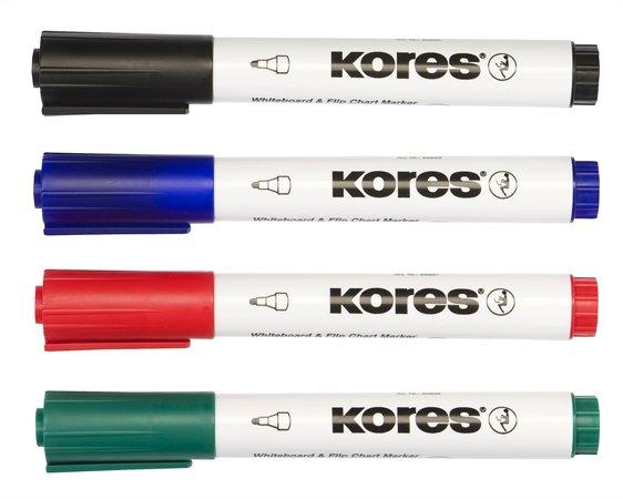 Popisovač na biele a flipchartové tabule, sada, 1-3 mm, kužeľový KORES "K-Marker", 4 rôzne 3