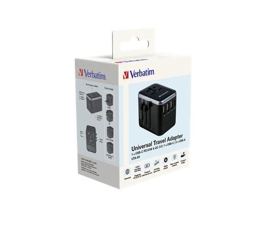 Cestovný adaptér, univerzálny, USB-A(QC 3.0)/USB-C(PD61W)2xUSB, VERBATIM "UTA-04" 3