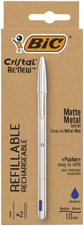 Guľôčkové pero, 0,32 mm, s vrchnákom, matné strieborné telo pera, BIC "Cristal Re`New", mo