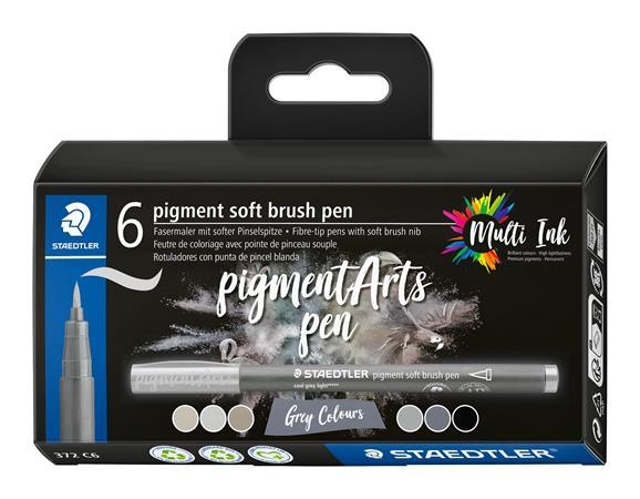Fixka v tvare štetca, sada, STAEDTLER "Pigment 372", 6 rôznych odtieňov čiernej a sivej 1
