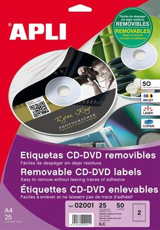 Etikety, na CD/DVD, A4, matné, odlepovateľné, APLI 1