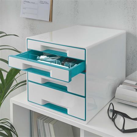 Zásuvkový box na dokumenty, plastový, 4 zásuvky, LEITZ "Wow Cube, biela/ľadovo modrá 2