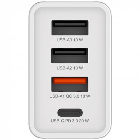 Sieťová nabíjačka, 1xUSB-C PD (20W), USB-A QC 3.0, 2xUSB-A (10W), VERBATIM, biela 3