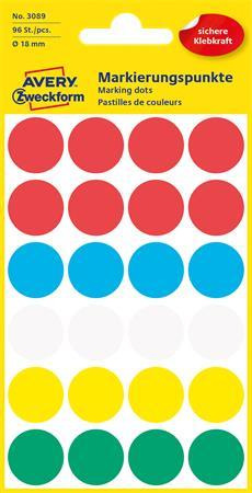 Etikety, okrúhle, priemer: 18 mm, AVERY ZWECKFORM, 5 rôznych farieb, 96 etikiet/bal