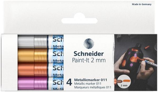 Akrylový popisovač, sada,  2 mm, SCHNEIDER "Paint-It 011", 4 rôzne kovové farby 2