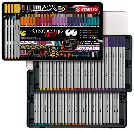 Liner, sada, kovová krabička, STABILO "Creative Tips ARTY", 10 rôznych farieb, 5 rôznych h 2