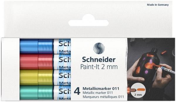 Akrylový popisovač, sada,  2 mm, SCHNEIDER "Paint-It 011", 4 rôzne kovové farby 2