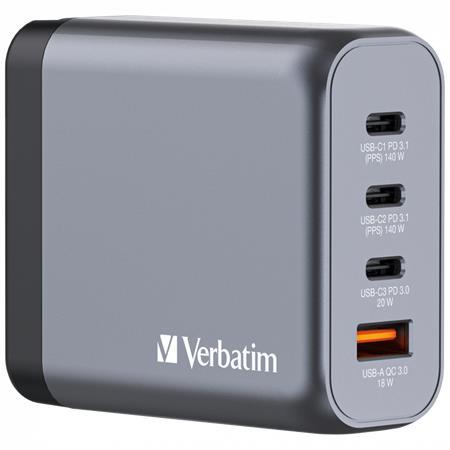 VERBATIM Sieťová nabíjačka, 2xUSB-C PD (140W), USB-C PD (20W), USB-A QC 3.0, EU/UK/US, GaN, VERBATI 5