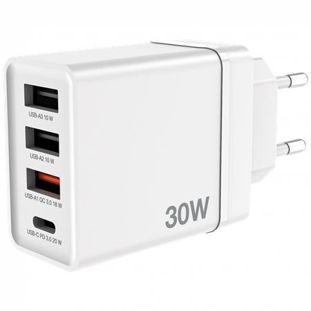 Sieťová nabíjačka, 1xUSB-C PD (20W), USB-A QC 3.0, 2xUSB-A (10W), VERBATIM, biela 2