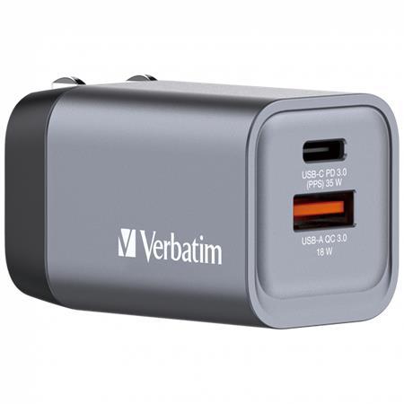 Sieťová nabíjačka, 1xUSB-C PD (35W), USB-A QC 3.0, EU/UK/US, GaN, VERBATIM 3