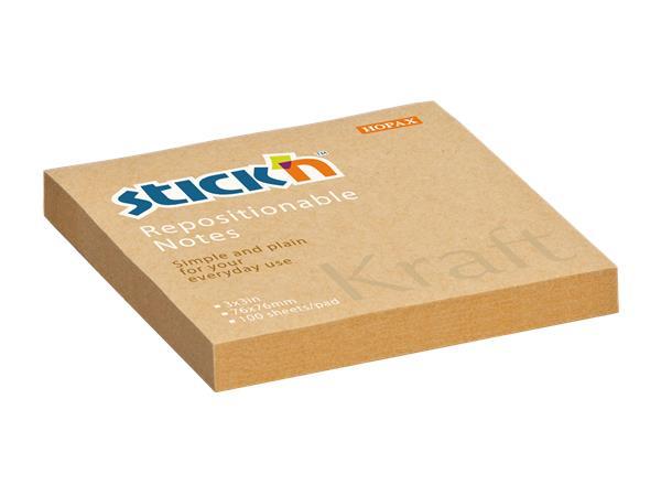 Samolepiaci poznámkový blok, 76x76 mm, 100 listov, STICK N "Kraft Notes", hnedá 1
