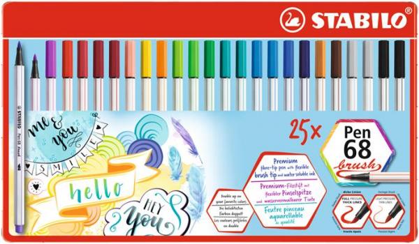Fixky v tvare štetca, v plechovej krabičke, STABILO "Pen 68 brush", 19 rôznych farieb 1
