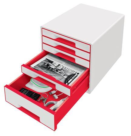 Odkladač, plastový, 5 zásuviek, LEITZ "Wow Cube", biela/červená 2