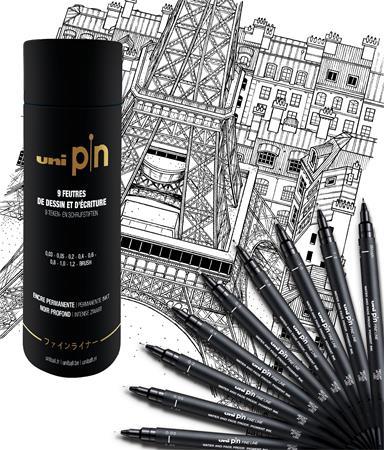 Popisovače, sada, UNI PIN "Tube", 9 rôznych hrúbok čiar, čierna 6