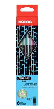Grafitové ceruzky s gumou, HB, trojuholníkový tvar, KORES "Style Cracked", mix 6 kovových 1
