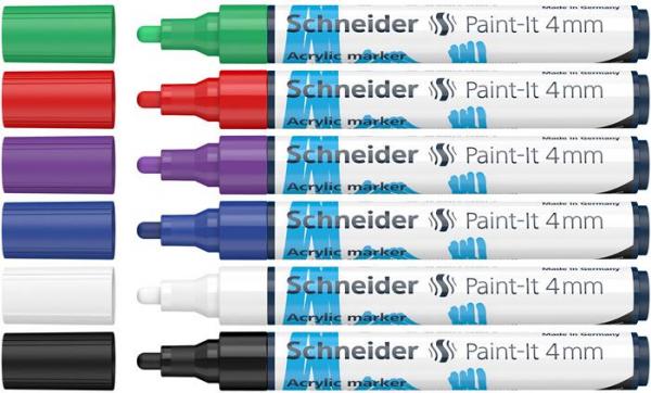 Akrylový popisovač, sada, 4 mm, SCHNEIDER "Paint-It 320", 6 rôznych farieb 2