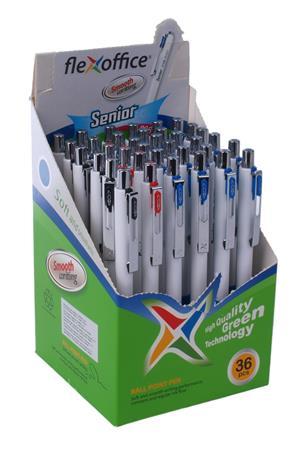 Guľôčkové pero, 0,4 mm, stláčací mechanizmus, rôzne farby tela, FLEXOFFICE "Senior", modré 2