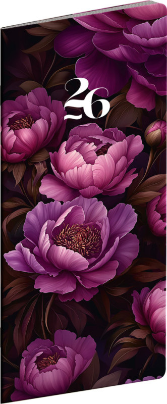 NOTIQUE Vreckový diár Fialové kvety 2026, plánovací mesačný, 8 x 18 cm