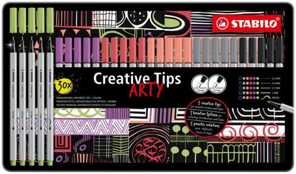 Liner, sada, v kovovej krabičke, STABILO "Creative Tips ARTY", 6 rôznych pastelových farie 1
