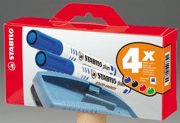 Popisovač na tabule, 2,5-3,5 mm, kužeľový hrot, STABILO "Plan", so stierkou na tabule, mix 1