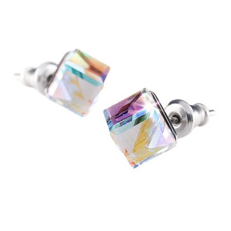 Náušnice, štvorcové, dúhový opál s krištáľom SWAROVSKI®, 6 mm, ART CRYSTELLA®