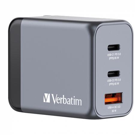 Sieťová nabíjačka, 2xUSB-C PD (65W), USB-A QC 3.0, EU/UK/US, GaN, VERBATIM 6