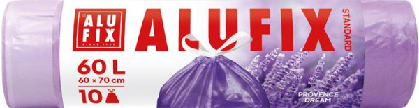 Vrecia na odpadky, zaťahovacie, parfumované, 60 l, 10 ks, 60x70 cm, 15 µ, ALUFIX, levanduľ 1