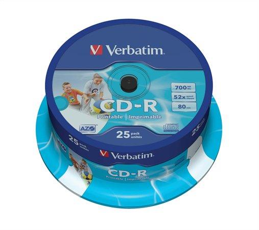 CD-R disk, potlačiteľný, matný, ID, AZO, 700MB, 52x, 25 ks, cake box, VERBATIM 1