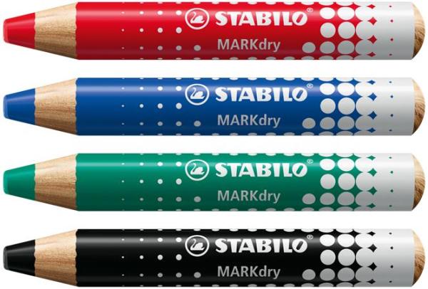 Suchý popisovač na tabuľu a flipchart, kužeľový hrot, STABILO "MARKdry", 4 rôzne farby s u 2