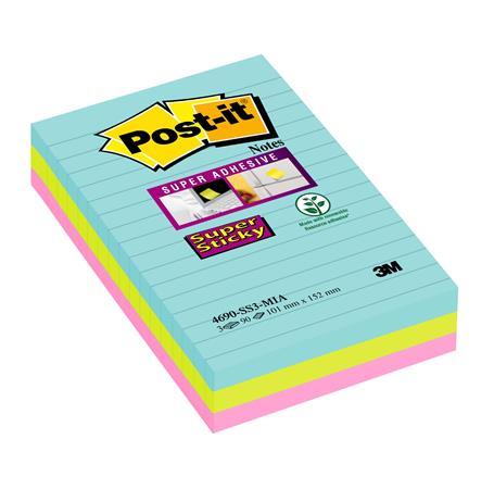 Samolepiaci poznámkový blok, linajkový, 3x90 listov, 101x152 mm, 3M POSTIT "Super Sticky M 1
