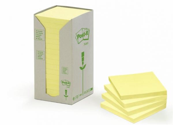 Samolepiaci bloček, 76x76 mm, 16x100 listov, ekologický, 3M POSTIT, žltý 1