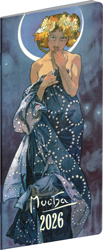 NOTIQUE Vreckový diár Alfons Mucha 2026, plánovací mesačný, 8 x 18 cm