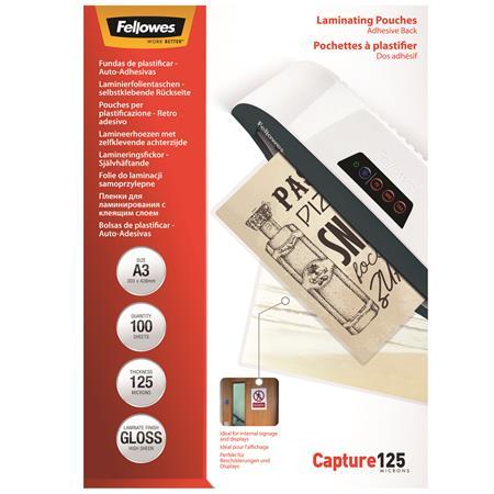 Laminovacia fólia, 125 mikr., A3, lesklá, samolepiaca, 100 ks, FELLOWES 1